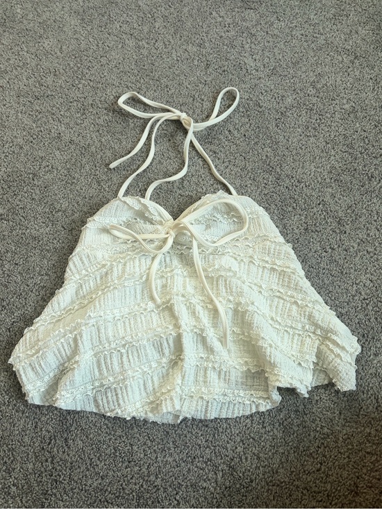 SHEIN Tops - SHEIN Cream Lace Ruffle Halter Crop Top